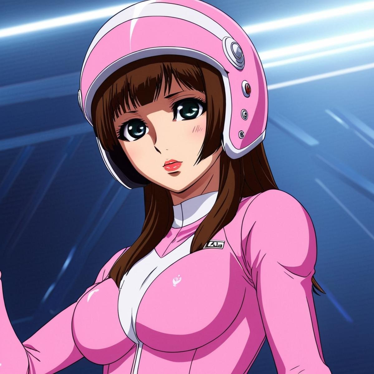 anime artwork of In anime manga universe,  Sayaka Yumi a cartoon girl in a pink outfit and helmet ,  animation style by Ea...
