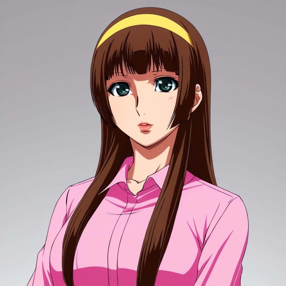 anime artwork of In anime manga universe,  Sayaka Yumi a woman with long brown hair wearing a pink shirt ,  animation styl...