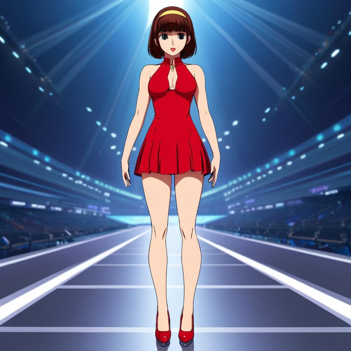 anime artwork of In anime manga universe,  Sayaka Yumi a woman in a red dress standing on a runway ,  animation style by E...