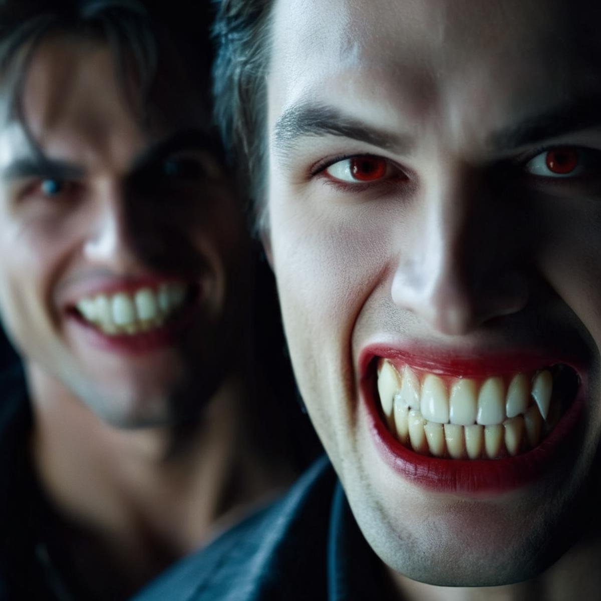 cinematic film still of  <lora:64_vampire fangs teeth:1>a man with a big grin on his face and vampire's teeth vampire fangs teeth, shallow depth of field, vignette, highly detailed, high budget, bokeh, cinemascope, moody, epic, gorgeous, film grain, grainy