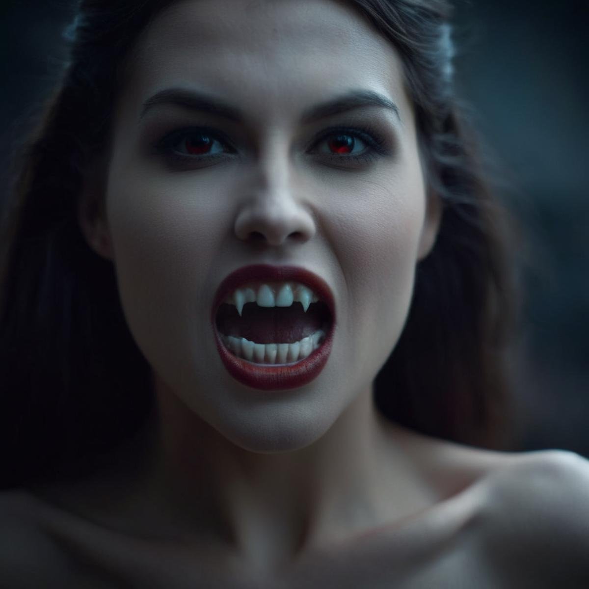 cinematic film still of  <lora:64_vampire fangs teeth:1> vampire fangs teeth Cinematic Film Looka vampire woman posing naked with epic breasts cinematic vampire fangs teeth, shallow depth of field, vignette, highly detailed, high budget, bokeh, cinemascope, moody, epic, gorgeous, film grain, grainy