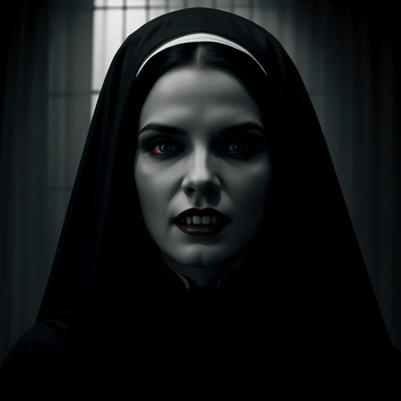 Horror-themed,  <lora:vampire fangs teeth v2 SD1.5:1.2>  Vampire Fangs TeethFilm Noir black and white Female Vampire a vampire woman with a nun veil on her head and Vampire Fangs Teeth staring at camera with a soft diffused key light on her face, Eerie, unsettling, dark, spooky, suspenseful, grim, highly detailed