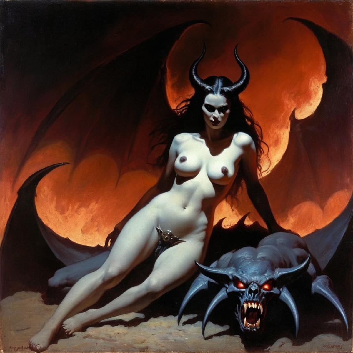 Dark Fantasy Art of  <lora:vampire fangs teeth 2:1.2>Female Vampire a frank frazetta painting of a naked demon woman laying on a ground in hell inferno with a Vampire Fangs Teeth while staring at camera, dark, moody, dark fantasy style