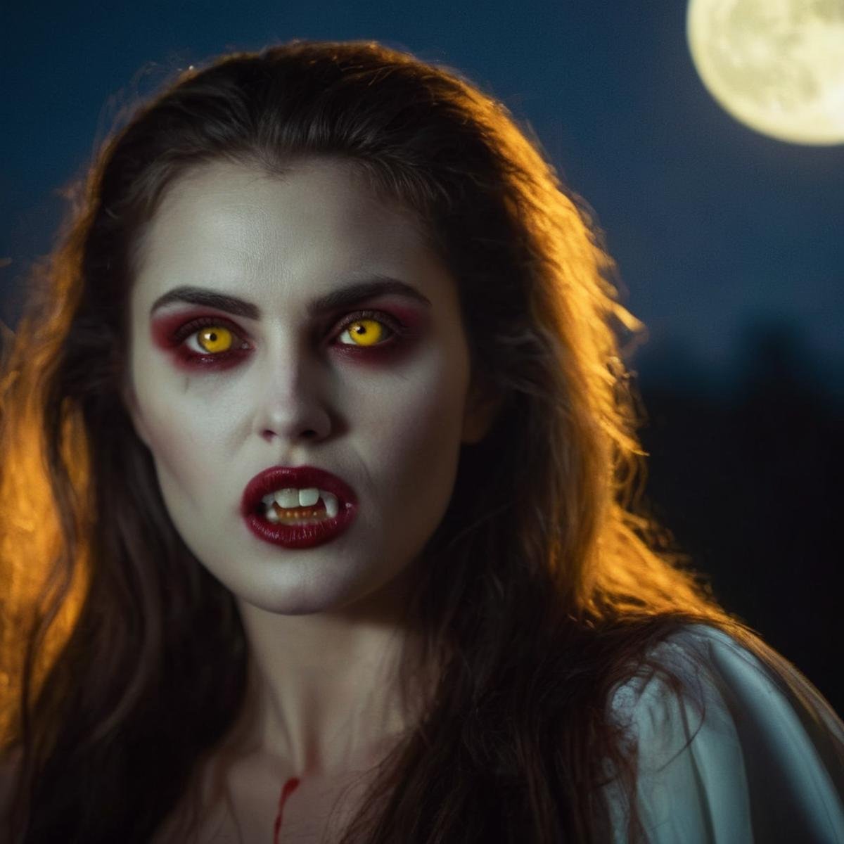 cinematic film still of  <lora:vampire fangs teeth 2:1.2>1980's Female Vampire a woman with blood on her face and a bloody face and Vampire Fangs Teeth and reflective yellow golden eyes staring at camera at night with moon light on, shallow depth of field, vignette, highly detailed, high budget, bokeh, cinemascope, moody, epic, gorgeous, film grain, grainy