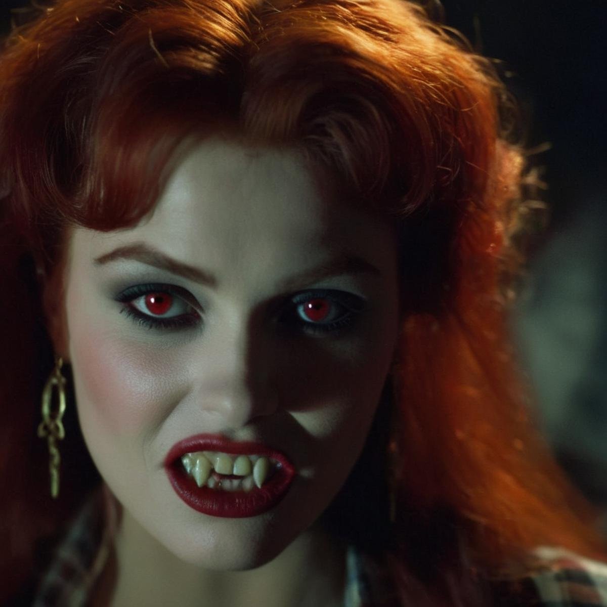 cinematic film still of  <lora:vampire fangs teeth 2:1.2>frank frazetta painting of a  Female Vampire a vampire woman with red hair and a plaid shirt and Vampire Fangs Teeth staring at camera with a spot light on behind in back, shallow depth of field, vignette, highly detailed, high budget, bokeh, cinemascope, moody, epic, gorgeous, film grain, grainy