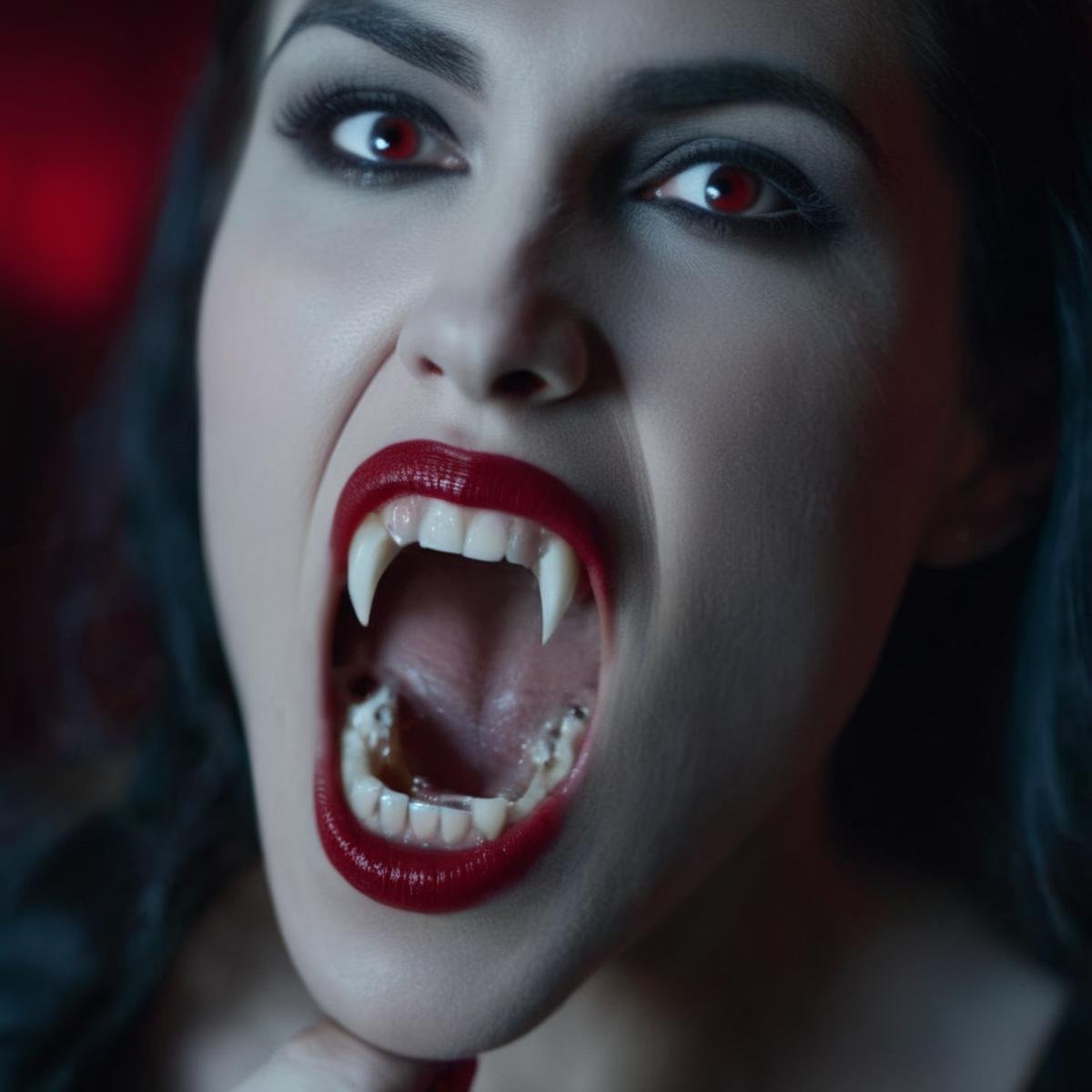 cinematic film still of  <lora:vampire fangs teeth 2:1.2>Female Vampire a vampire woman is opening her mouth and biting something with Vampire Fangs Teeth, shallow depth of field, vignette, highly detailed, high budget, bokeh, cinemascope, moody, epic, gorgeous, film grain, grainy