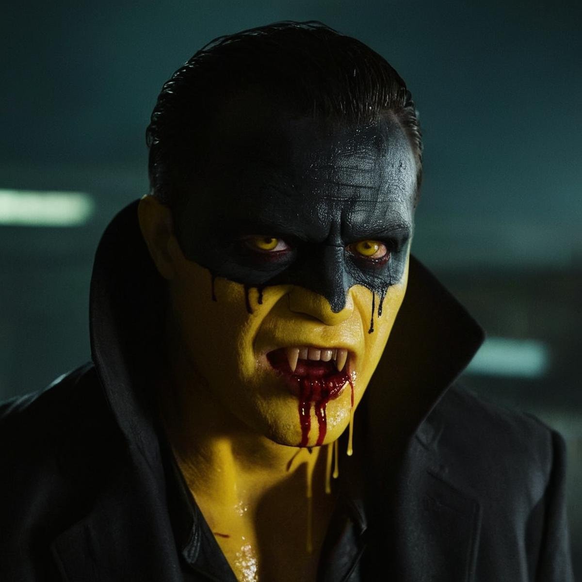 cinematic film still of  <lora:vampire teeth v3:1>Dark Fantasy Art of <lora:Sin City:1> a yellow monster named the Yellow Bastard with a yellow blood dripping from his neck and a black jacket sin city style, dark, moody, dark fantasy style, shallow depth of field, vignette, highly detailed, high budget, bokeh, cinemascope, moody, epic, gorgeous, film grain, grainy