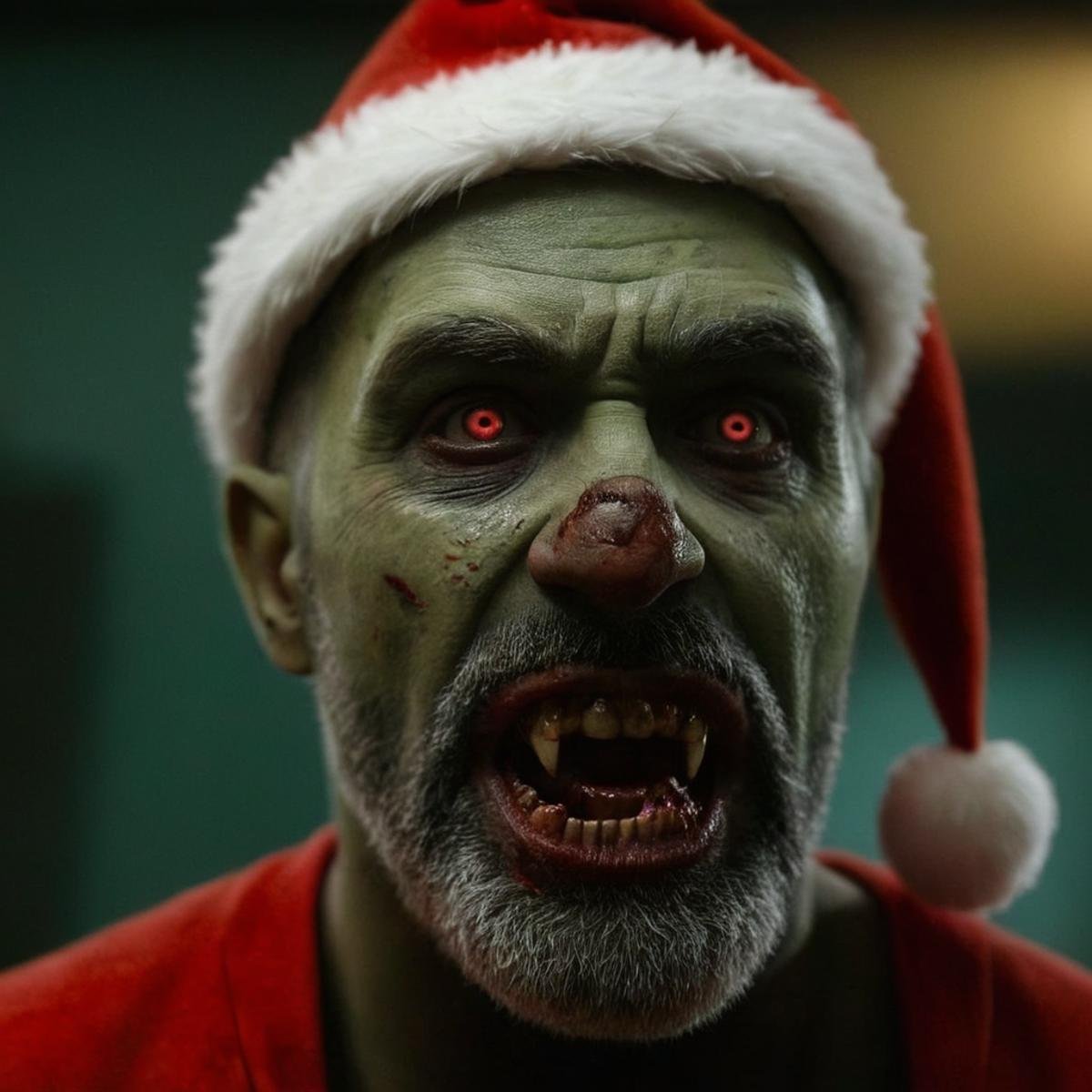 cinematic film still of cinematic film still of  <lora:vampire teeth v3:1>Hyperrealistic art of <lora:Santa Claus:1.2> Santa Claus a close up of a zombie troll person wearing a santa hat in Christmas Eve, Extremely high-resolution details, photographic, realism pushed to extreme, fine texture, incredibly lifelike, shallow depth of field, vignette, highly detailed, high budget, bokeh, cinemascope, moody, epic, gorgeous, film grain, grainy, shallow depth of field, vignette, highly detailed, high budget, bokeh, cinemascope, moody, epic, gorgeous, film grain, grainy