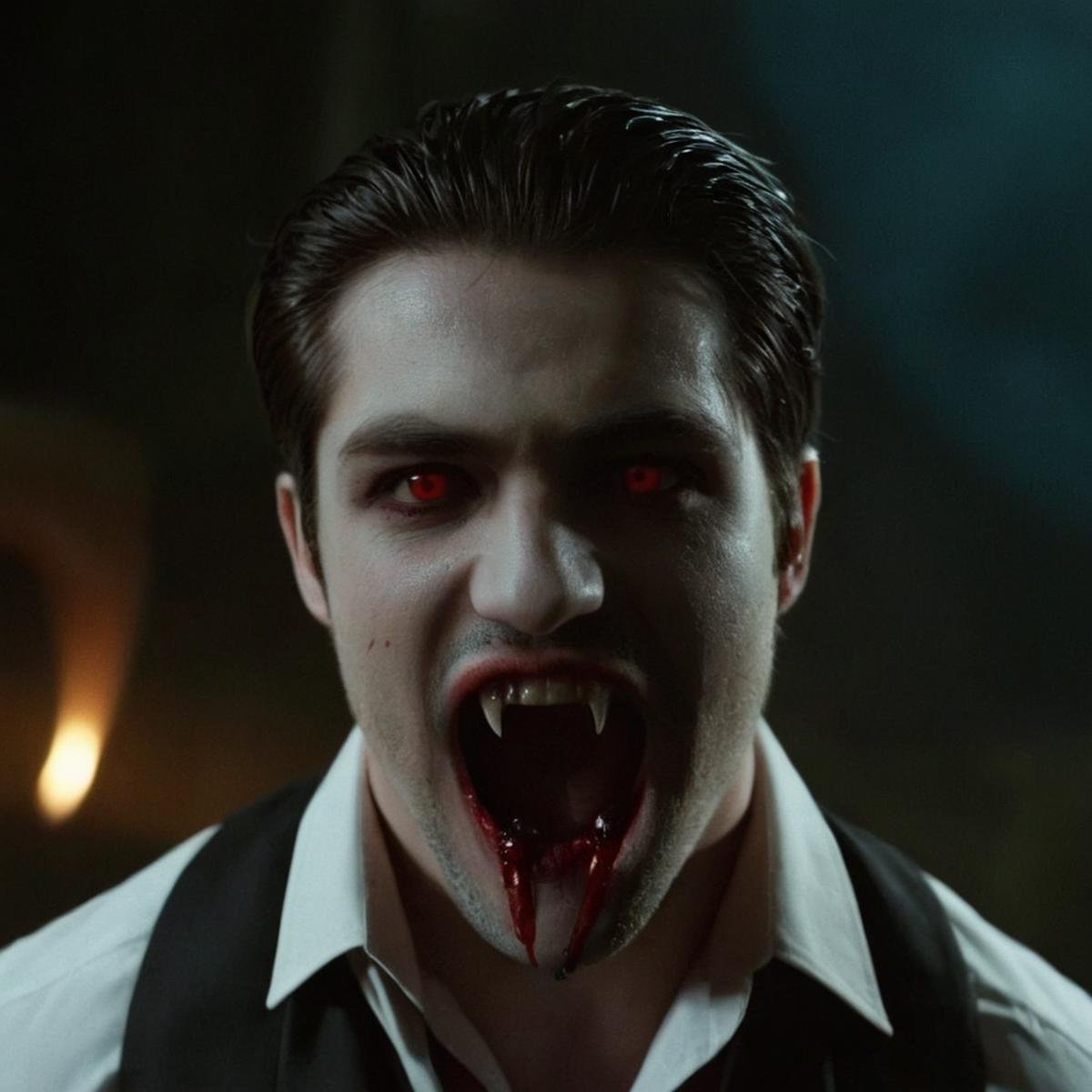 cinematic film still of  <lora:vampire teeth v3:1>A gothic looking vampire man with a bloody face and a tie and Vampire Fangs Teeth posing alone in the dark with moon light o,solo,looking at viewer,open mouth,black hair,red eyes,1boy,upper body,male focus,necktie,teeth,tongue,tongue out,facial hair,fangs,pale skin,beard,mustache,dark,vampire,horror (theme) fangs, vampire fangs, vampire teeth, vampire, white face, white skin tone, blood, dark, horror, dramatic light, creep, staring, black, brown, shallow depth of field, vignette, highly detailed, high budget, bokeh, cinemascope, moody, epic, gorgeous, film grain, grainy