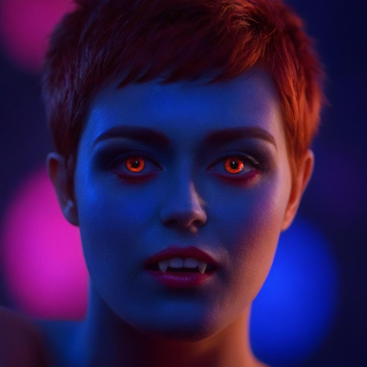 cinematic film still of  <lora:vampire teeth v3:1>cinematic film still of <lora:Ultraviolet lighting Style:1> a woman with a colorful face and body painted Ultraviolet lighting Style,1girl,solo,looking at viewer,short hair,red eyes,1boy,upper body,nude,red hair,glowing,blue background , shallow depth of field, vignette, highly detailed, high budget, bokeh, cinemascope, moody, epic, gorgeous, film grain, grainy, shallow depth of field, vignette, highly detailed, high budget, bokeh, cinemascope, moody, epic, gorgeous, film grain, grainy