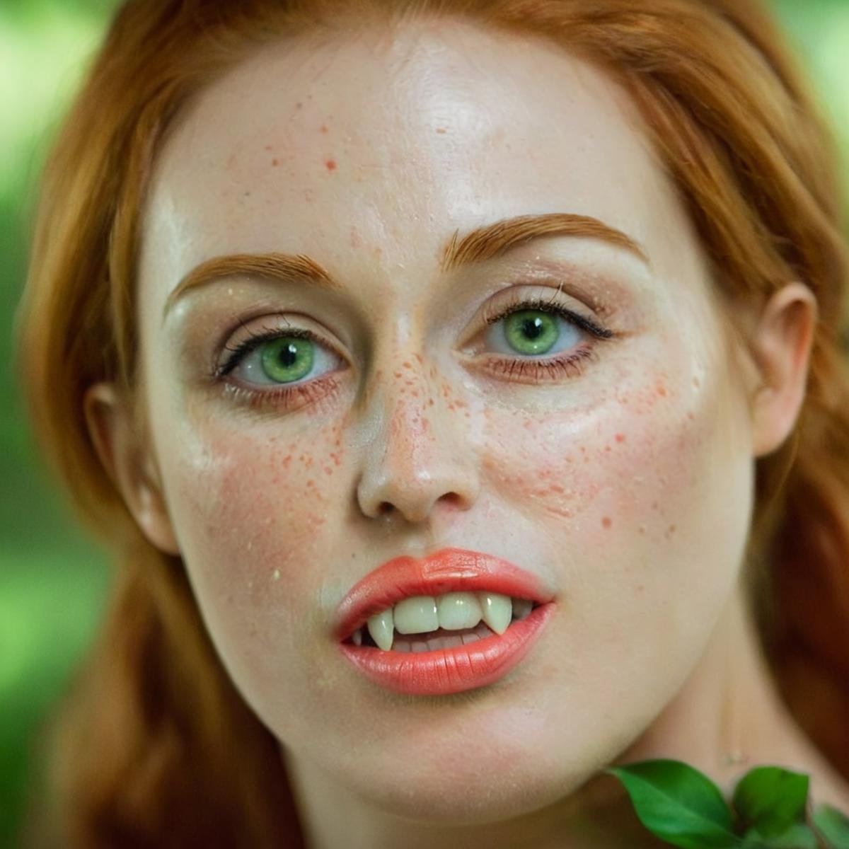 cinematic film still of  <lora:vampire teeth v3:1>cinematic film still of <lora:Poison Ivy:1.2> Poison Ivy an extreme closeup of a woman with freckles and green eyes and coral lips and green eyes <lora:nsfw-xl-2.0:1>, shallow depth of field, vignette, highly detailed, high budget, bokeh, cinemascope, moody, epic, gorgeous, film grain, grainy, shallow depth of field, vignette, highly detailed, high budget, bokeh, cinemascope, moody, epic, gorgeous, film grain, grainy