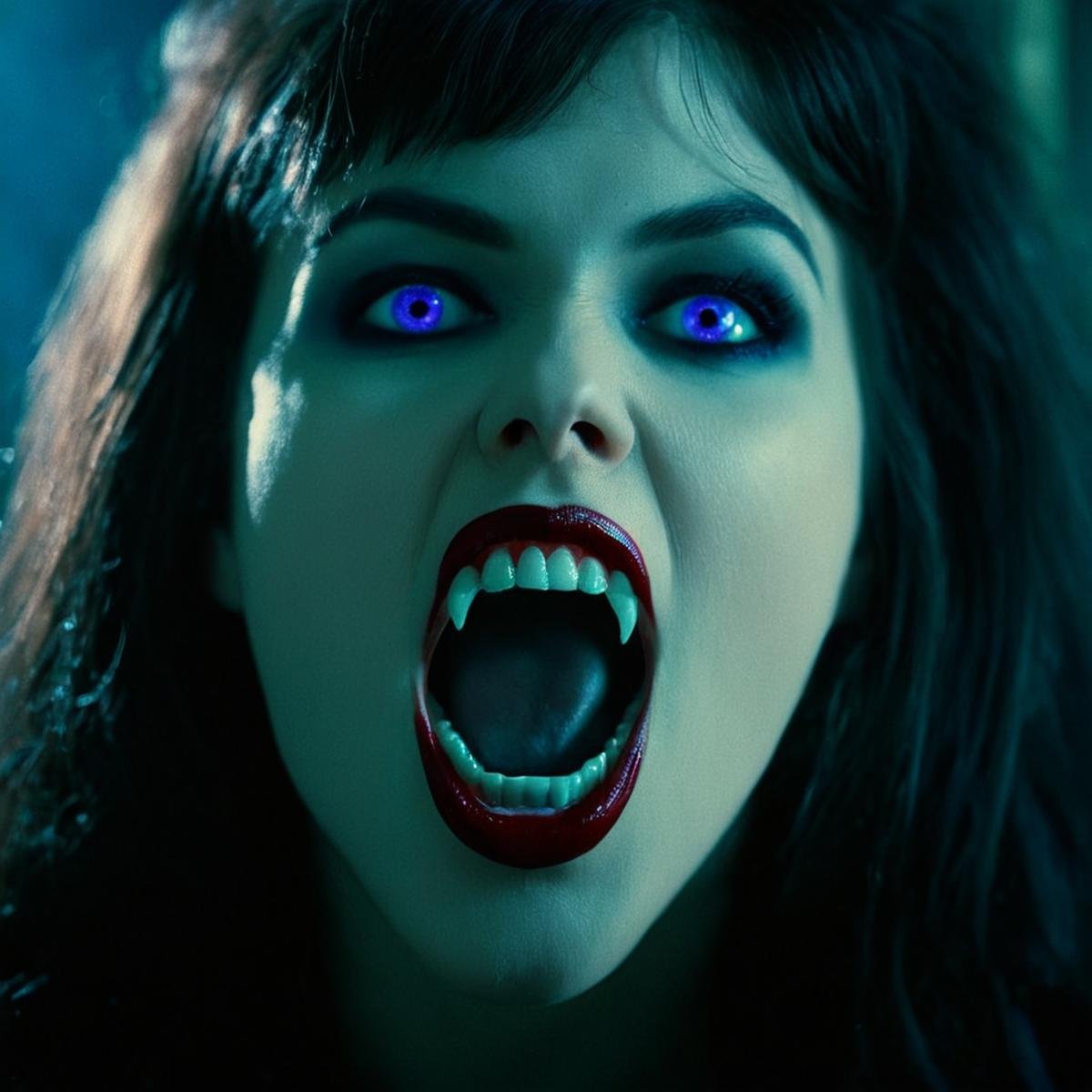 cinematic film still of  <lora:fangs teeth 4:0.8> <lora:perfection style:0.5> perfection style <lora:cinematic color motion picture film style:0.3> cinematic color motion picture film style <lora:Underlighting Underlight light from below style:0.3> Underlighting Underlight light from below stylevampire fangs teeth a woman with blue eyes is screaming, scary, thriller, horror style, gothic movie themed, sharp, detailed, epic cinematic photography, artistic, creative, dramatic light, cinematic color style, Kodak film style, vampire fangs teeth style, vampire teeth style, vampire fangs style, 1girl, solo, long hair, looking at viewer, open mouth, bangs, black hair, purple eyes, teeth, blurry, makeup, letterboxed, portrait, close-up, realistic, lips, shallow depth of field, vignette, highly detailed, high budget, bokeh, cinemascope, moody, epic, gorgeous, film grain, grainy