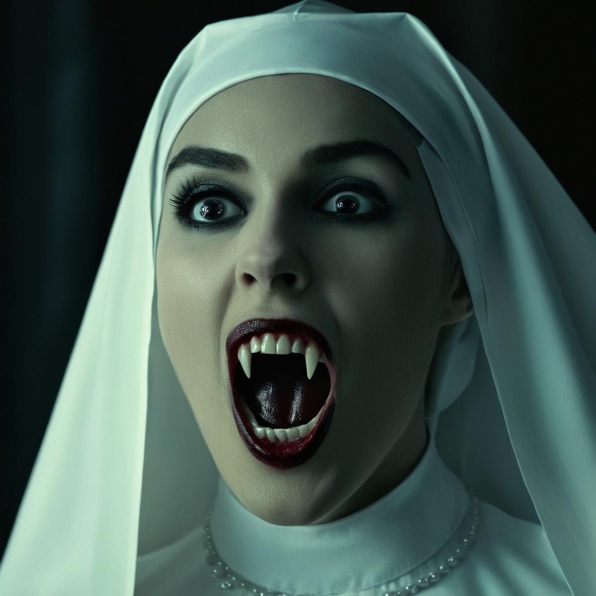 cinematic film still of  <lora:fangs teeth 4:0.8> <lora:perfection style:0.5> perfection style <lora:cinematic color motion picture film style:0.5> <lora:TeethXL:0.3>vampire fangs teeth a woman with a nun's head covering her face, scary, thriller, horror style, gothic movie themed, sharp, detailed, epic cinematic photography, artistic, creative, dramatic light, cinematic color style, Kodak film style, vampire fangs teeth style, vampire teeth style, vampire fangs style, 1girl, solo, long hair, open mouth, monochrome, greyscale, teeth, blurry, fangs, realistic, horror (theme), hairband, parody, shallow depth of field, vignette, highly detailed, high budget, bokeh, cinemascope, moody, epic, gorgeous, film grain, grainy