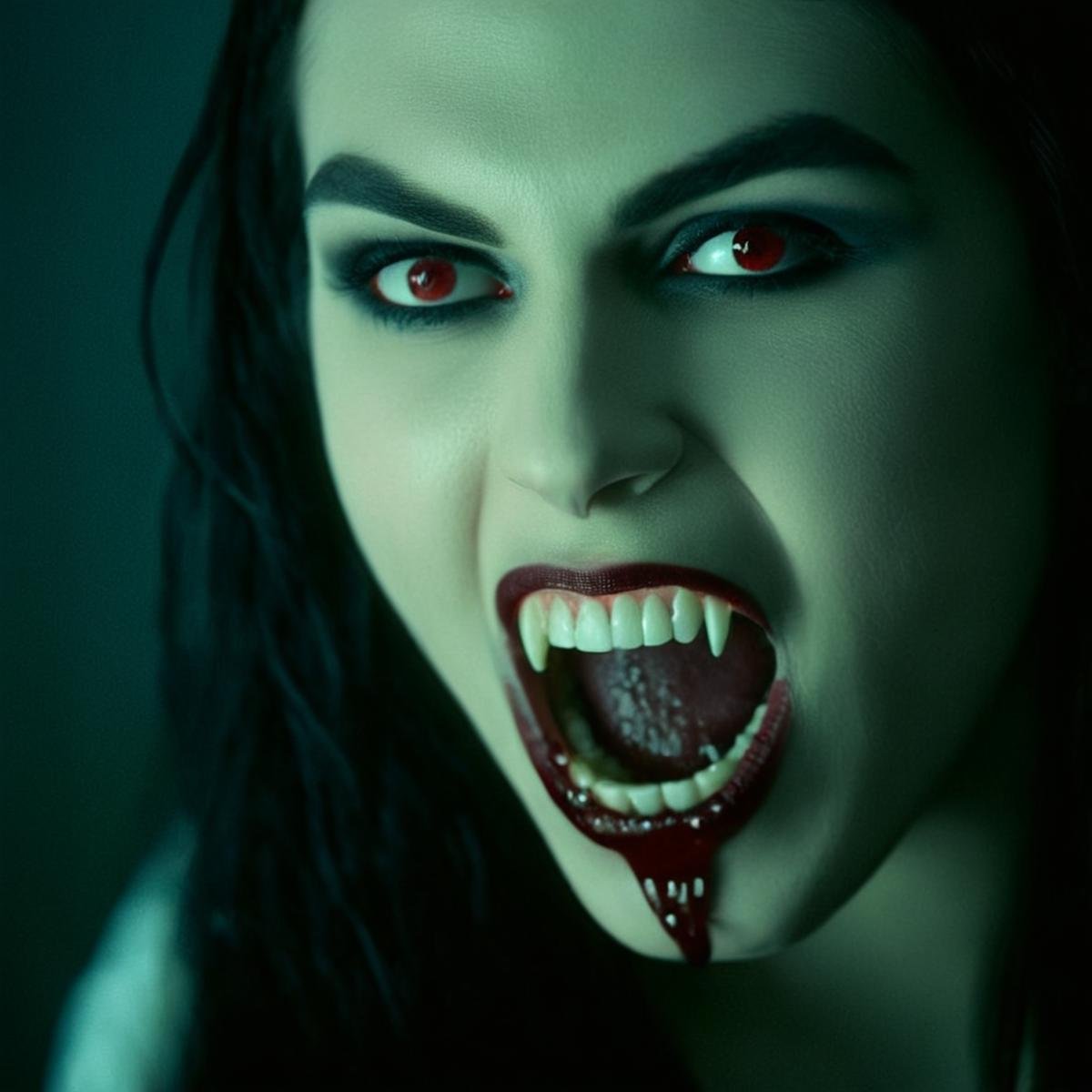 cinematic film still of  <lora:fangs teeth 4:0.8> <lora:perfection style:0.5> perfection style <lora:cinematic color motion picture film style:0.5> <lora:TeethXL:0.3>vampire fangs teeth a woman with a vampire smile on her face, scary, thriller, horror style, gothic movie themed, sharp, detailed, epic cinematic photography, artistic, creative, dramatic light, cinematic color style, Kodak film style, vampire fangs teeth style, vampire teeth style, vampire fangs style, solo, smile, open mouth, black hair, 1boy, male focus, teeth, grin, lips, makeup, lipstick, close-up, realistic, horror (theme), 1girl, long hair, tongue, portrait, sharp asymmetrical teeth, shallow depth of field, vignette, highly detailed, high budget, bokeh, cinemascope, moody, epic, gorgeous, film grain, grainy