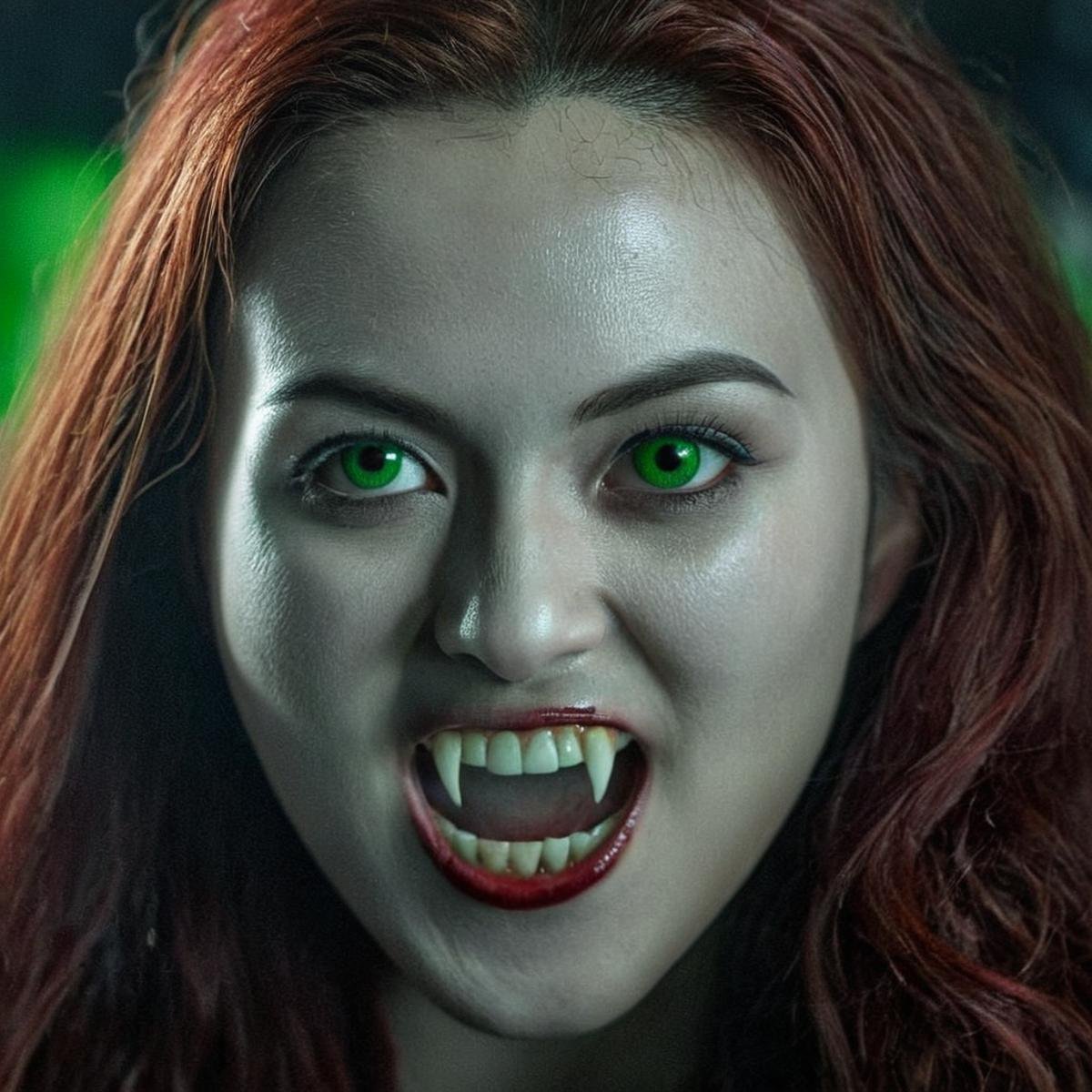 Horror-themed,  <lora:fangs teeth 4:0.6> <lora:perfection style:0.5> perfection style <lora:cinematic color motion picture film style:0.3> cinematic color motion picture film style <lora:Underlighting Underlight light from below style:0.3> Underlighting Underlight light from below style <lora:facial expression style:0.3> <lora:vampire style v2:0.5>Vampire Asian a woman with long red hair and green eyes,1girl,solo,long hair,looking at viewer,smile,brown hair,black hair,green eyes,teeth,grin,blurry,black eyes,lips,fangs,portrait,realistic,dark,horror (theme),cinematic,filmic,realistic,movie still,horror themed,vampire style , detailed, detailed background, detailed scene, detailed teeth, detailed fangs, Eerie, unsettling, dark, spooky, suspenseful, grim, highly detailed