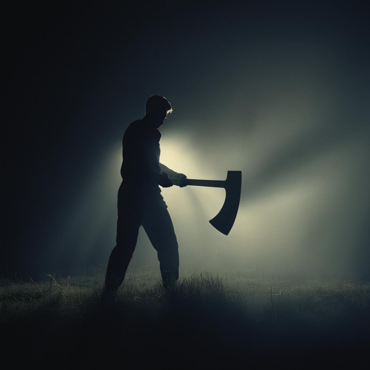 cinematic film still of  <lora:volumetric lighting:1> volumetric lighting stylea man covered in shadows with a large wooden axe,  in the dark field, outdoors, with bright hazy smokey backlight in background, solo,1boy,holding,standing,weapon,male focus,from behind,silhouette,dark , volumetric lighting, haze light, fog light, beam light, covered in shadow, shallow depth of field, vignette, highly detailed, high budget, bokeh, cinemascope, moody, epic, gorgeous, film grain, grainy