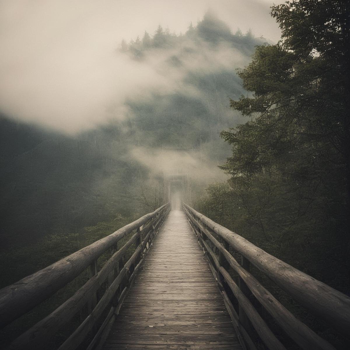 cinematic film still of  <lora:volumetric lighting:1> volumetric lighting stylea wooden bridge over a river with mountains in the background-in hazy foggy day,monochrome,outdoors,sky,cloud,tree,no humans,nature,scenery,forest,stairs,mountain,road,landscape , volumetric lighting, haze light, fog light, beam light, shallow depth of field, vignette, highly detailed, high budget, bokeh, cinemascope, moody, epic, gorgeous, film grain, grainy