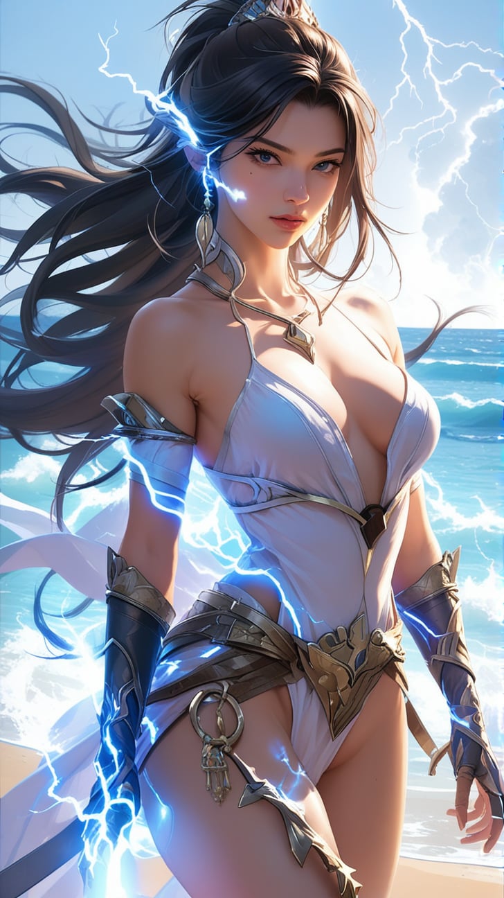 a beautiful lightning magic sorceress \(ek_ge1tng\),  detailed exquisite face,  lightning elemental effect by EclipseKww o...
