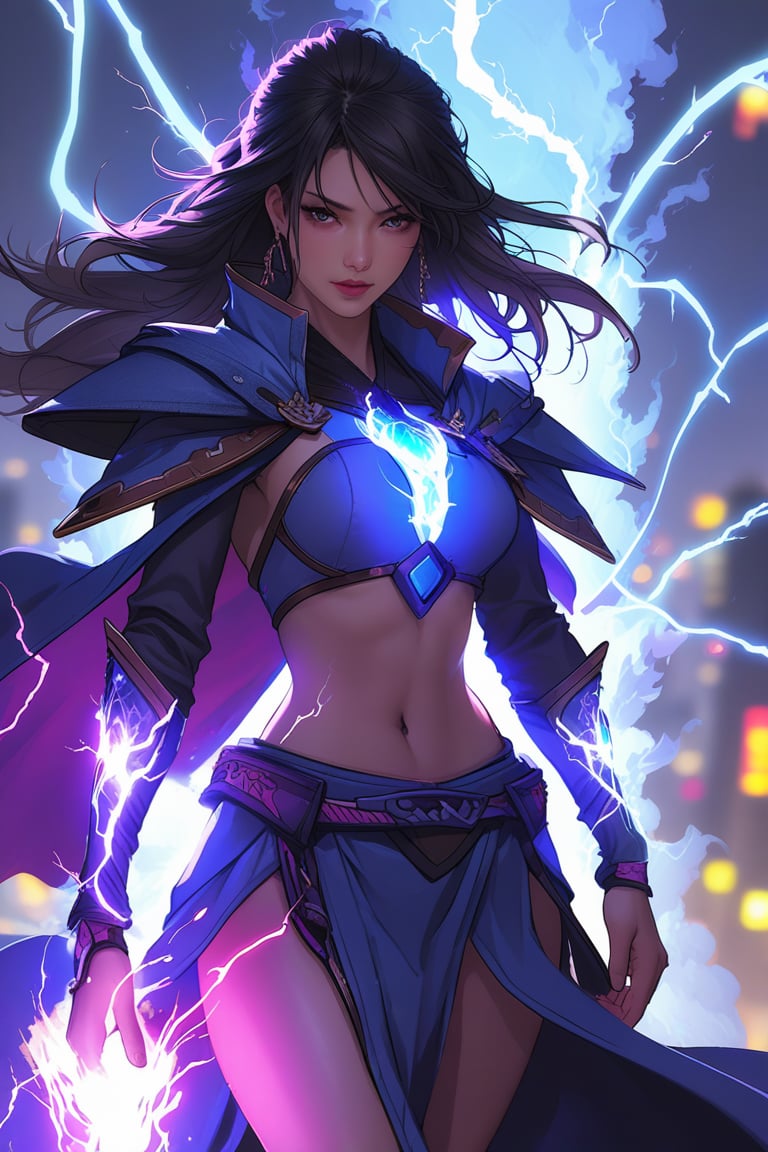 a beautiful lightning magic sorceress \(ek_ge1tng\),  detailed exquisite face,  lightning elemental effect by EclipseKww o...