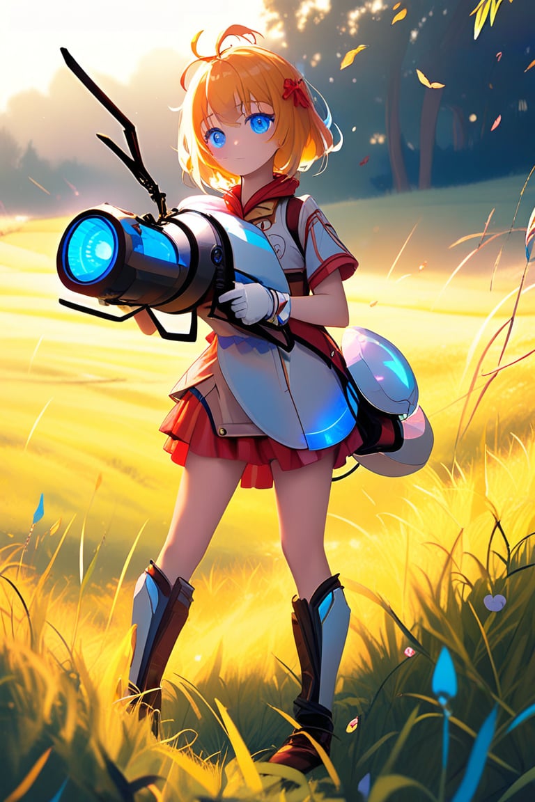 A young girl stands confidently in a bright, sunny meadow, her bright blue eyes fixed on something ahead. She holds a apportalgun, its bright colors and detailed design evident even from afar. The warm light casts a gentle glow over the entire scene, with soft shadows highlighting the texture of the grass beneath her feet.