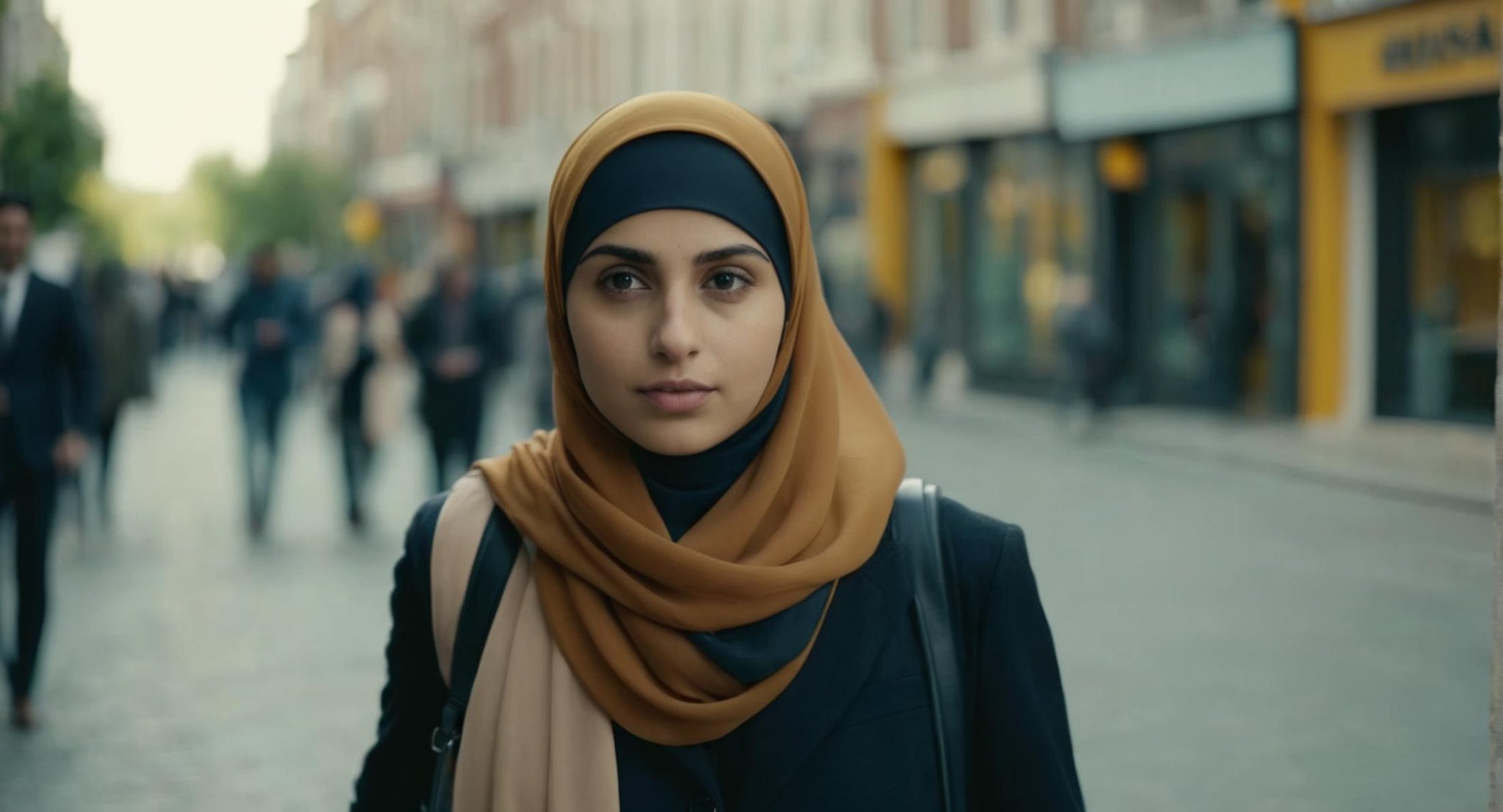 cinematic film still of Cinematic Film stock footage in (arri alexa style) Kodak film print,  Hijab young girl walking in...