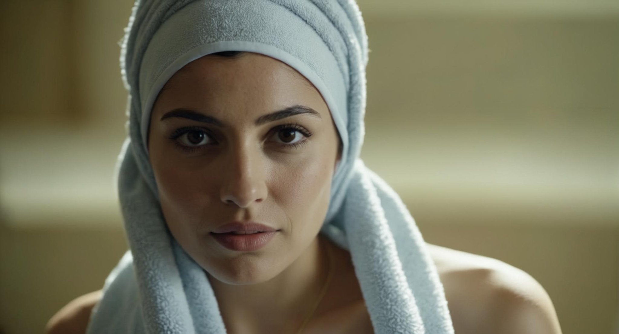 cinematic film still of  Cinematic Film stock footage in (arri alexa style) Kodak film print,  <lora:Hijab:1> a naked woman with a towel on her head Hijab style, shallow depth of field, vignette, highly detailed, high budget, bokeh, cinemascope, moody, epic, gorgeous, film grain, grainy