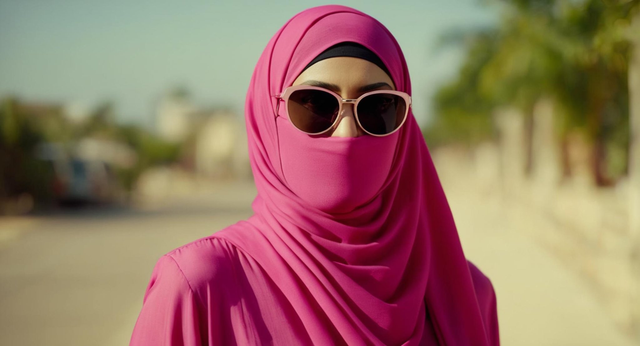 cinematic film still of  Cinematic Film stock footage in (arri alexa style) Kodak film print,  <lora:Hijab:1> a woman wearing a pink hijab and a pink bikin and sunglasses Hijab style, shallow depth of field, vignette, highly detailed, high budget, bokeh, cinemascope, moody, epic, gorgeous, film grain, grainy