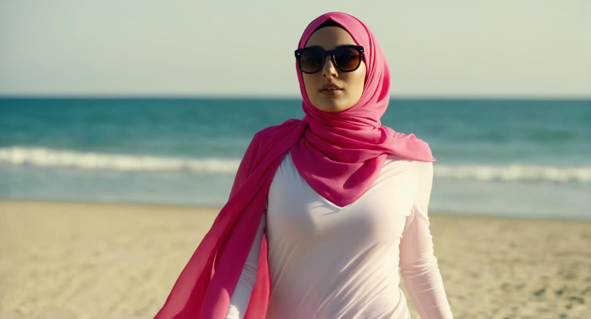 cinematic film still of Cinematic Film stock footage in (arri alexa style) Kodak film print,  a woman wearing a pink hijab...