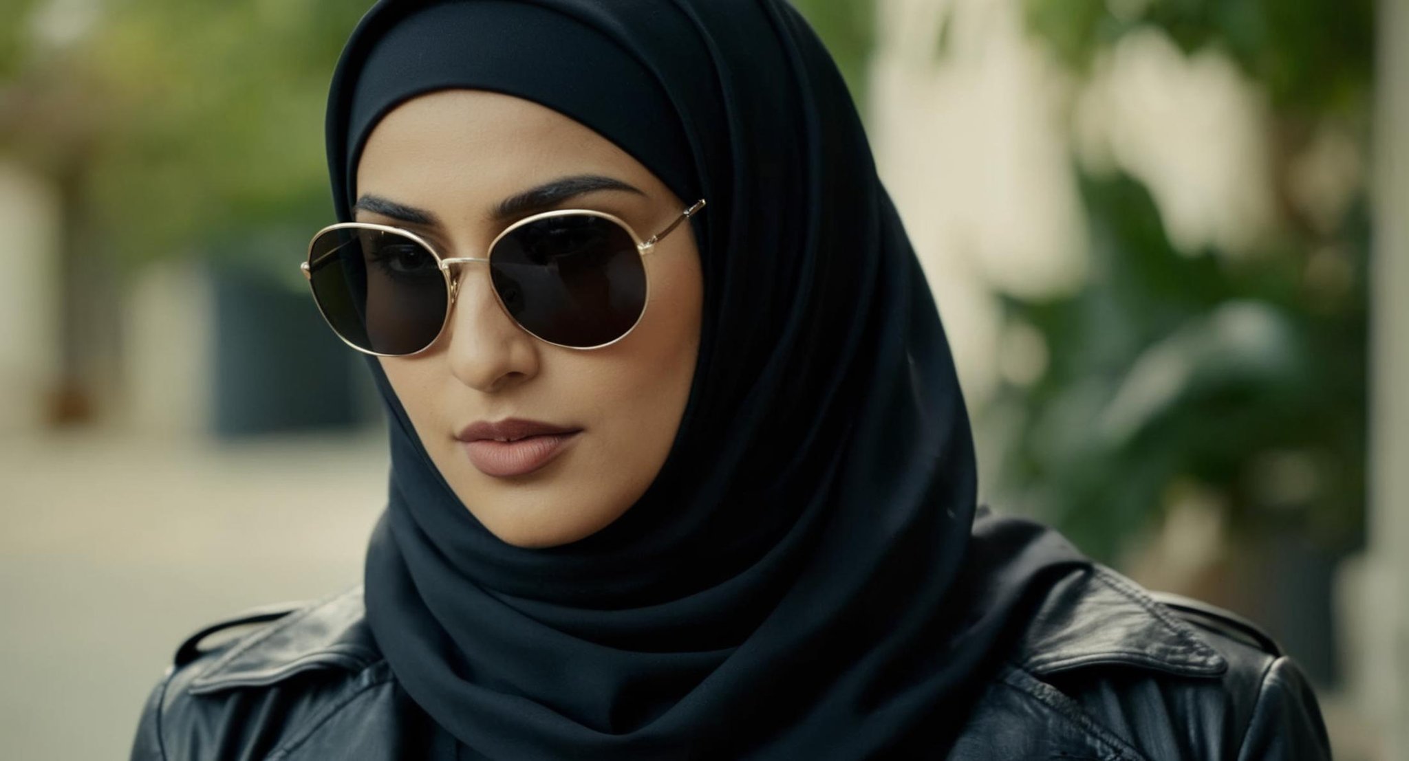 cinematic film still of  Cinematic Film stock footage in (arri alexa style) Kodak film print,  <lora:Hijab:1> a woman wearing a black hijab and a leather jacket and sunglasses Hijab style, shallow depth of field, vignette, highly detailed, high budget, bokeh, cinemascope, moody, epic, gorgeous, film grain, grainy