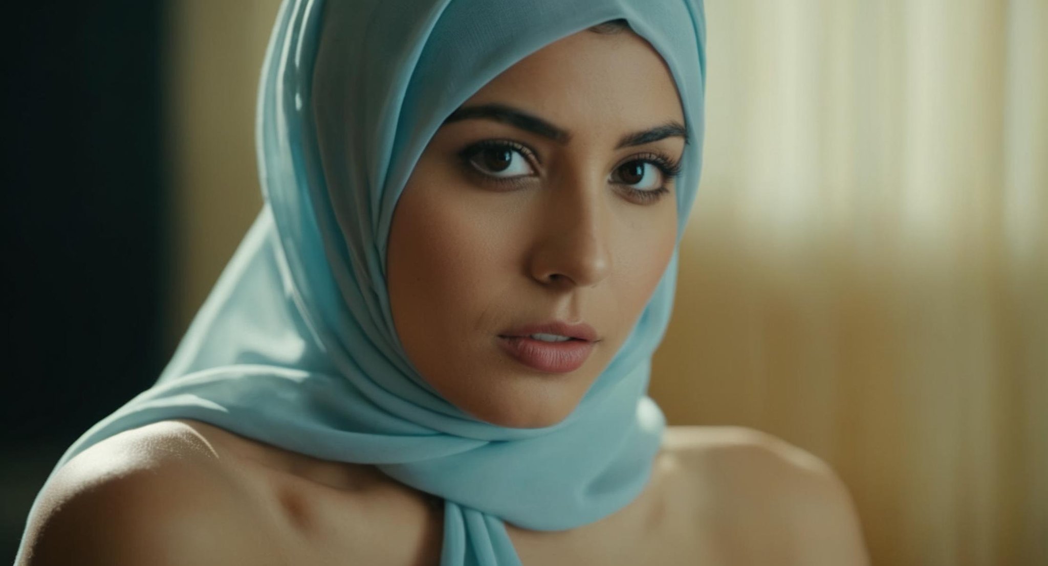 cinematic film still of Cinematic Film stock footage in (arri alexa style) Kodak film print,  Hijab Nerd Erotic Naked Beau...