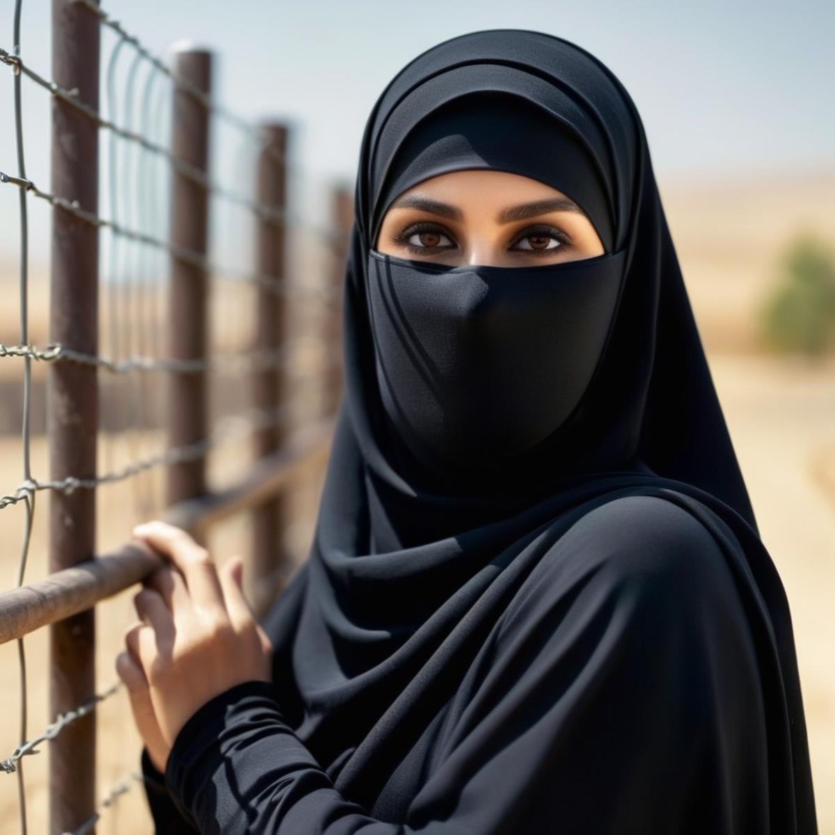 UHD, 4k, ultra detailed, cinematic, a photograph of  <lora:hijab:1>a woman wearing a niqab is standing by a fence Hijab style, epic, beautiful lighting, inpsiring