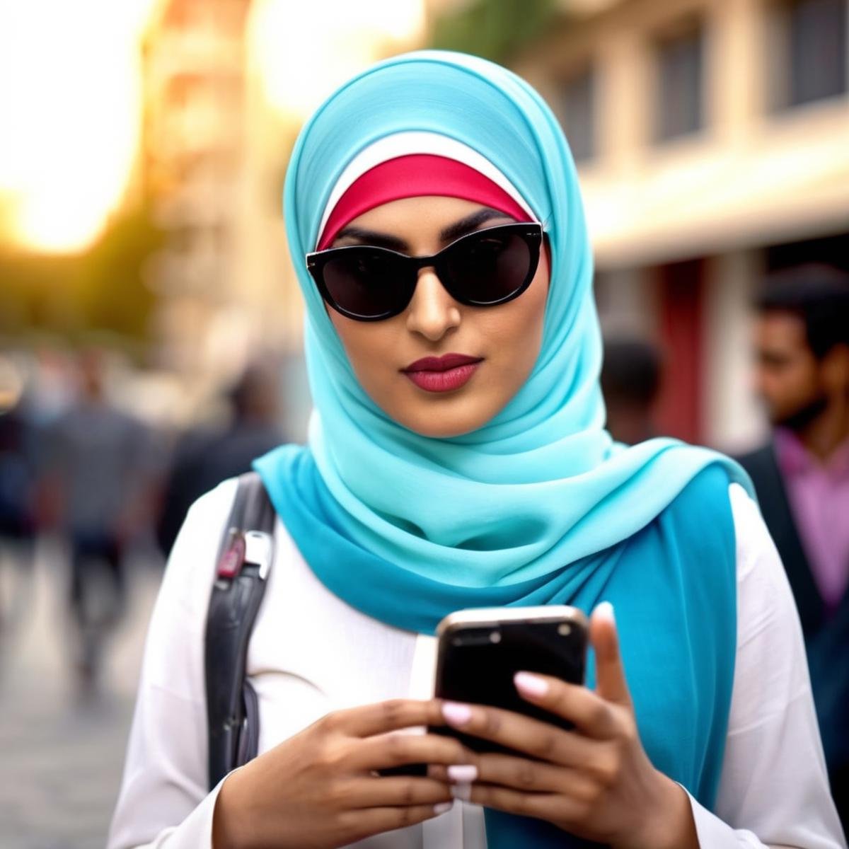 UHD, 4k, ultra detailed, cinematic, a photograph of  <lora:hijab:1>a woman in a hijab and sunglasses talking on a cell phone in street Hijab style, epic, beautiful lighting, inpsiring