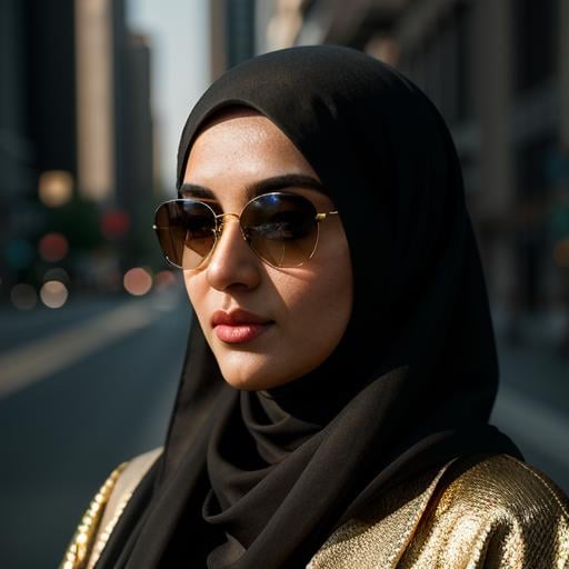 cinematic film still of a woman wearing a black hijab and gold sunglasses hijab style,  shallow depth of field,  vignette...
