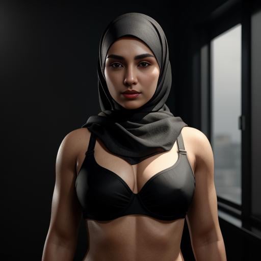 professional 3d model of a hijab woman in a black and black bra top hijab style,  octane render,  highly detailed by EauDe...