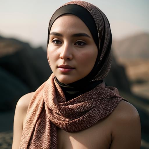 cinematic film still of a naked woman in a coral hijab scarf Hijab style,  shallow depth of field,  vignette by EauDeNoire...