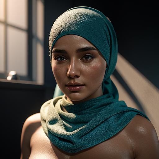 professional 3d model of a naked woman with a towel on her head Hijab style,  octane render,  highly detailed by EauDeNoir...
