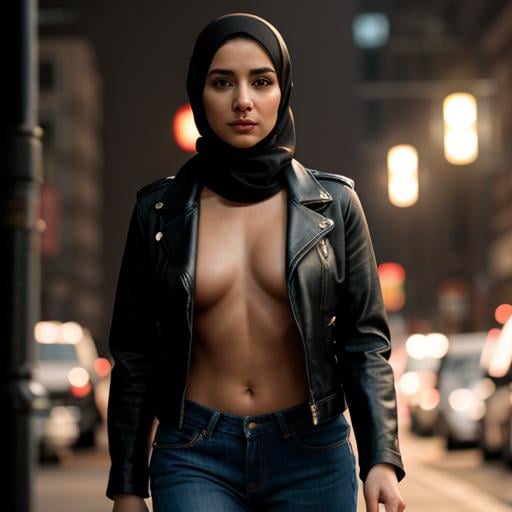 cinematic film still of  <lora:hijab_1.5:1.2>a naked breasts hijab woman in jeans and a leather jacket hijab style, shallow depth of field, vignette, highly detailed, high budget, bokeh, cinemascope, moody, epic, gorgeous, film grain, grainy