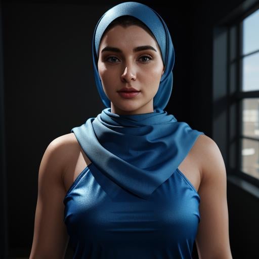 professional 3d model of a woman wearing a blue hijab and a blue dress hijab style,  octane render,  highly detailed by Ea...