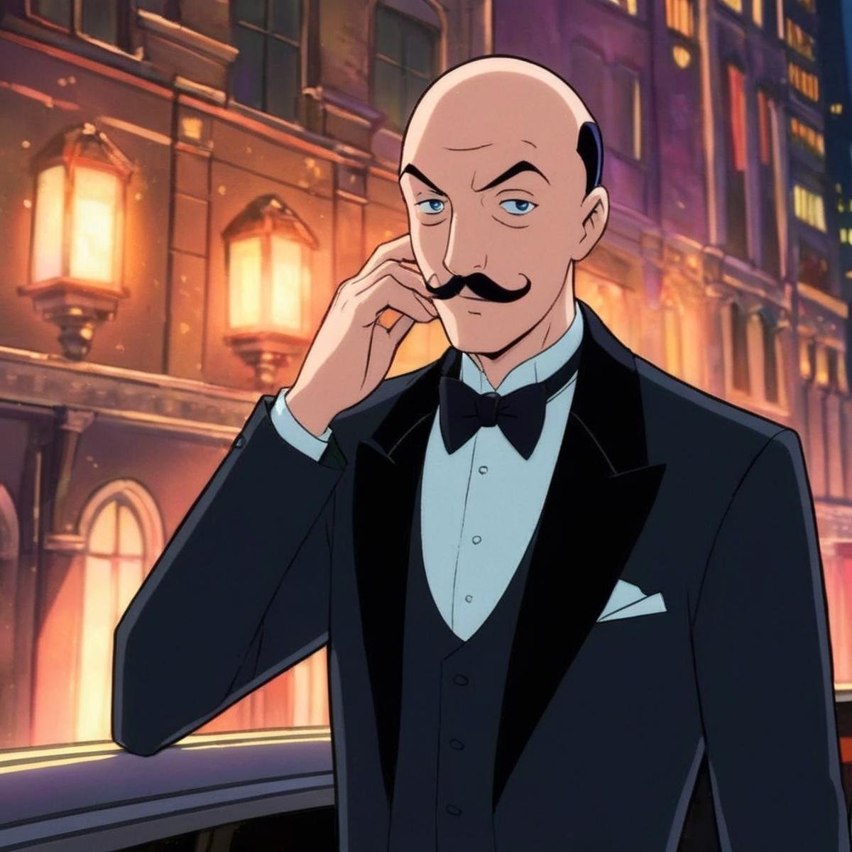 anime artwork of Alfred Pennyworth a cartoon bald man with a mustache in a tuxedo and bow tie In Gotham City,  anime style...
