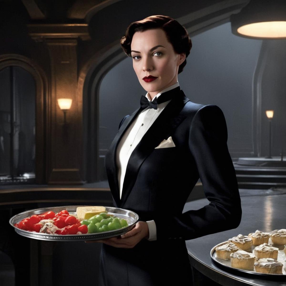 Hyperrealistic art of Female Alfred Pennyworth a very hot sexy dressed woman with a teasing body in a sexy tuxedo holding...