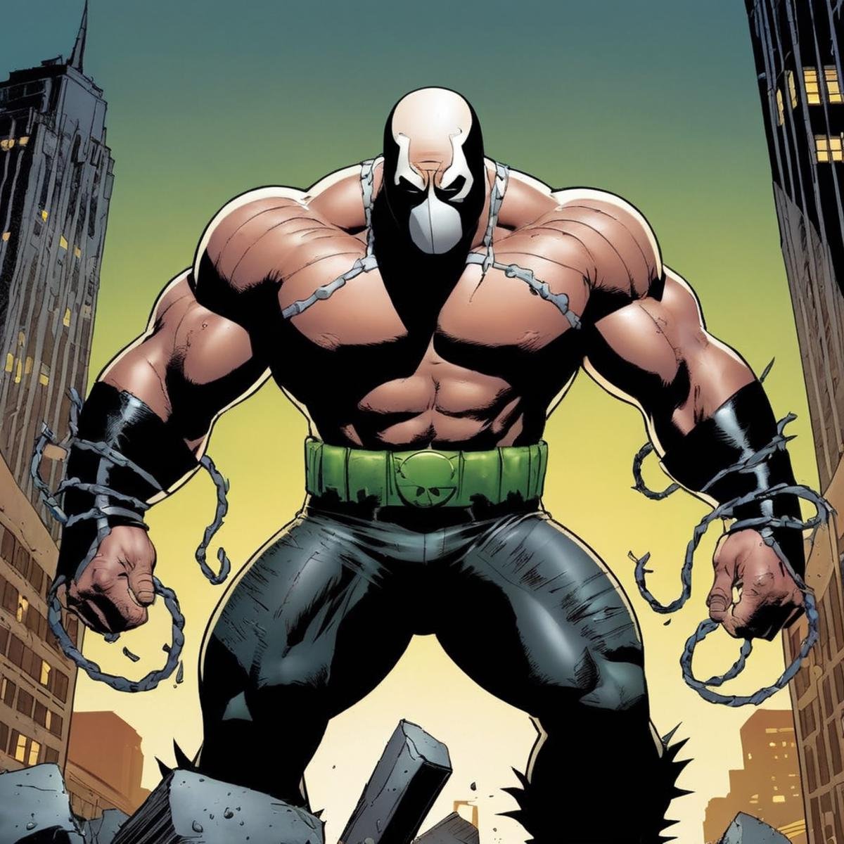 comic book art of Bane a comic book cover with a giant shredded bodybuilding supervillain monster in a latex mask In Gotha...