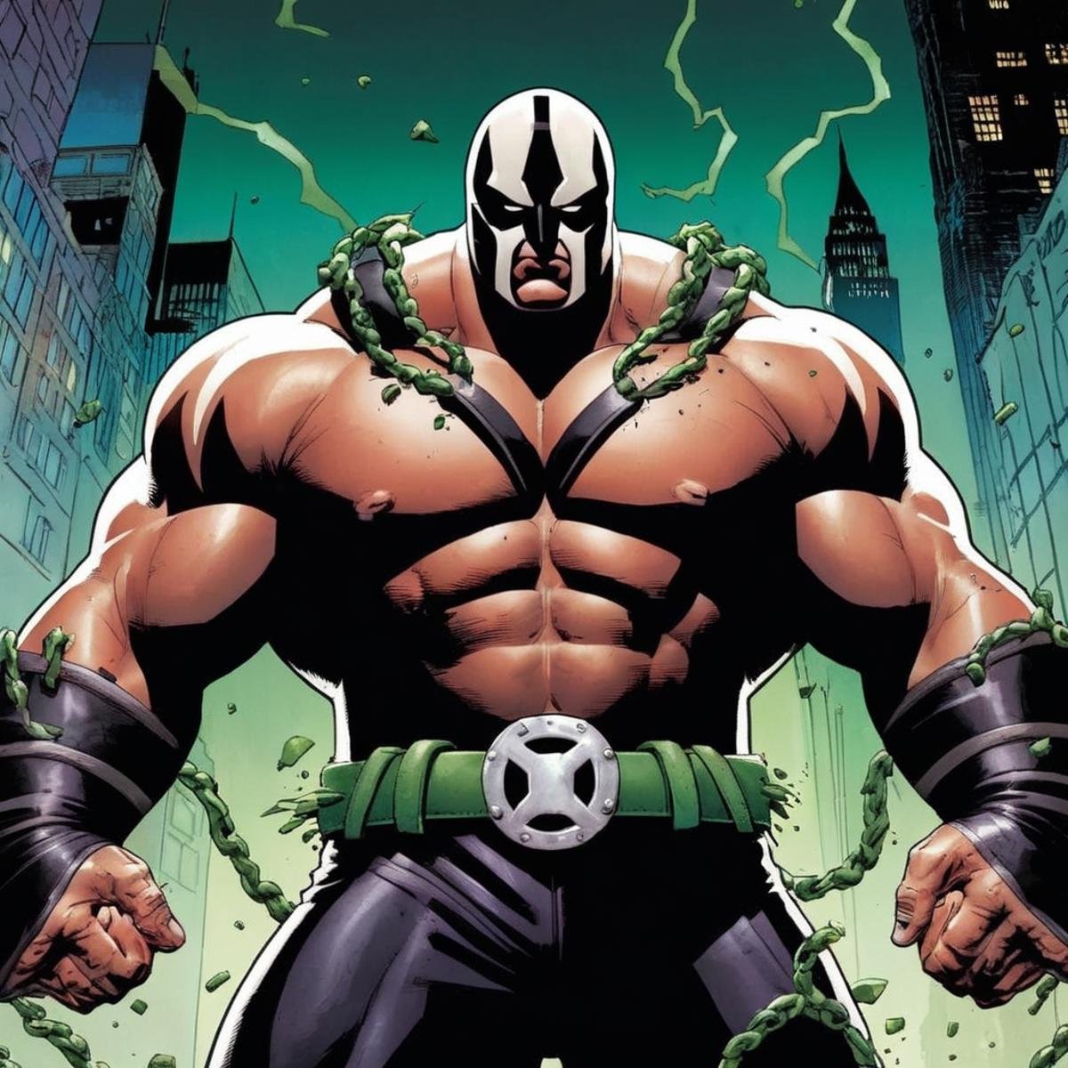 comic book art of Bane a comic book cover with a giant shredded bodybuilding supervillain monster In Gotham City,  comic a...