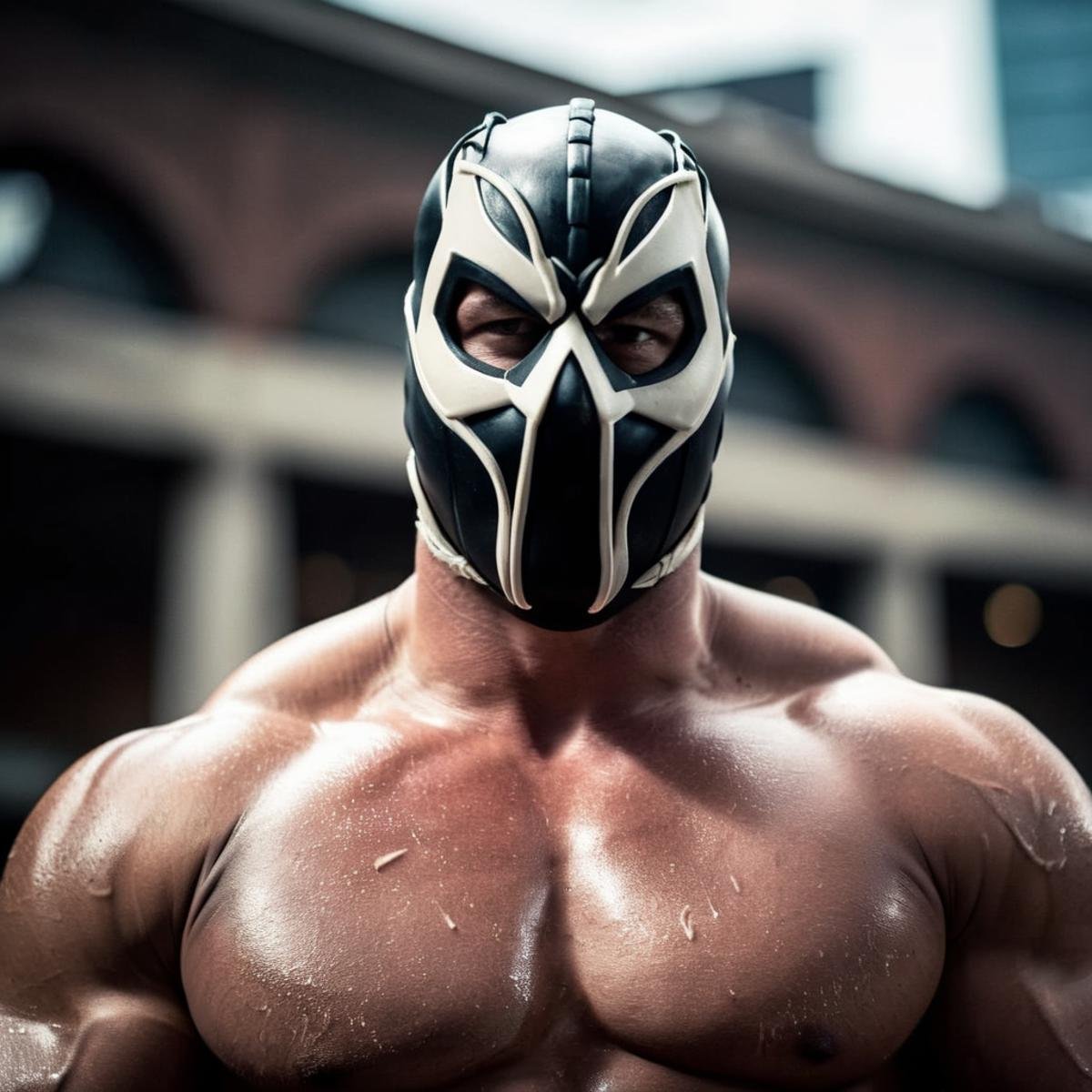 cinematic film still of Bane a giant shredded bodybuilding supervillain man with a shirtless costume and a mask In Gotham...
