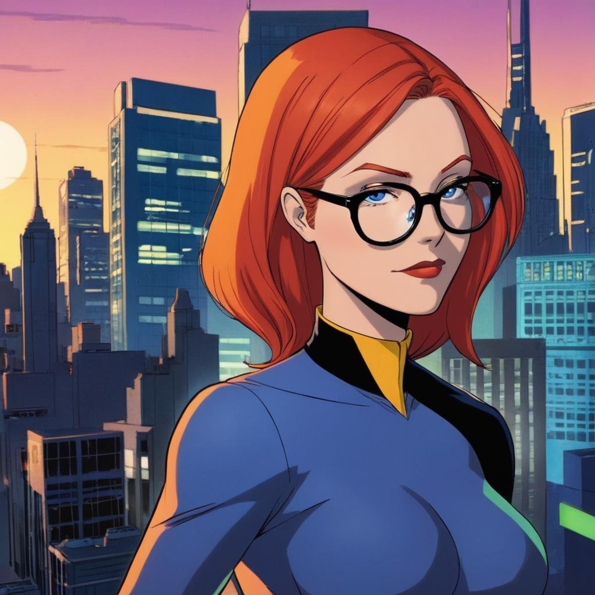 anime artwork of Barbara Gordon a woman with glasses and a blue top In Gotham City,  anime style,  key visual by EauDeNoir...