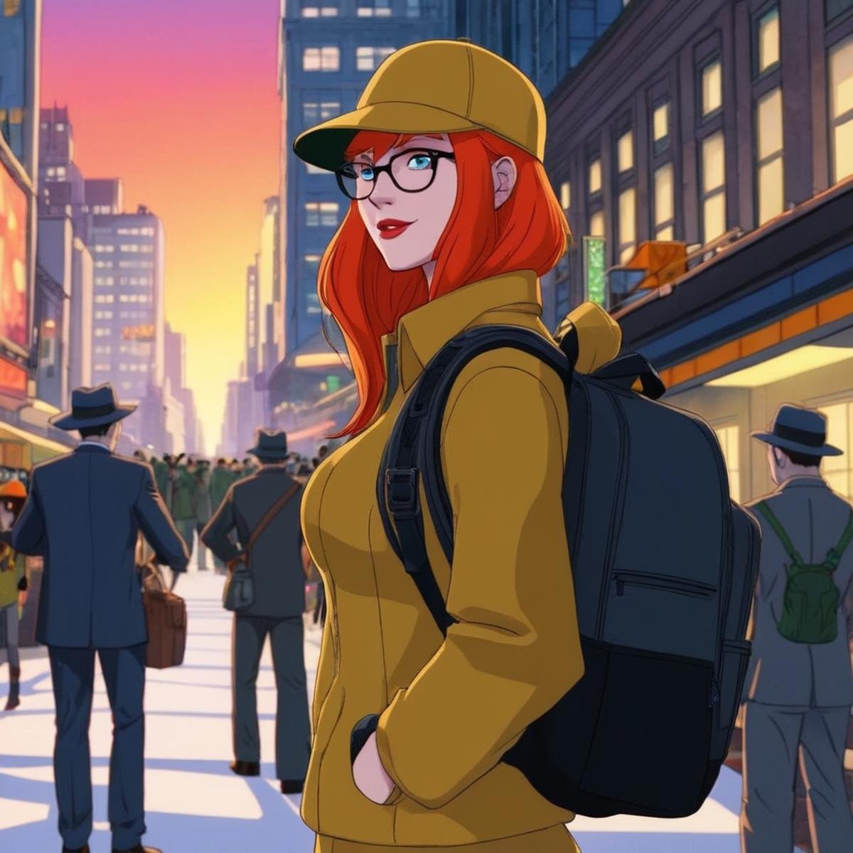 anime artwork of Barbara Gordon a woman with a hat and a backpack In Gotham City,  anime style,  key visual by EauDeNoire...