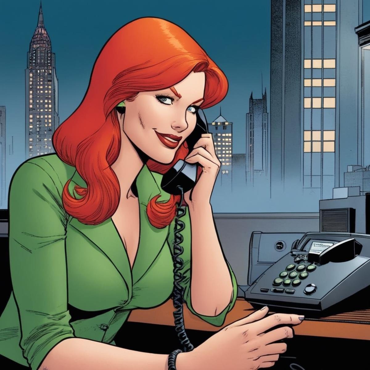 comic book art of Barbara Gordon a woman with red hair talking on a cordless phone In Gotham City,  comic art,  graphic no...