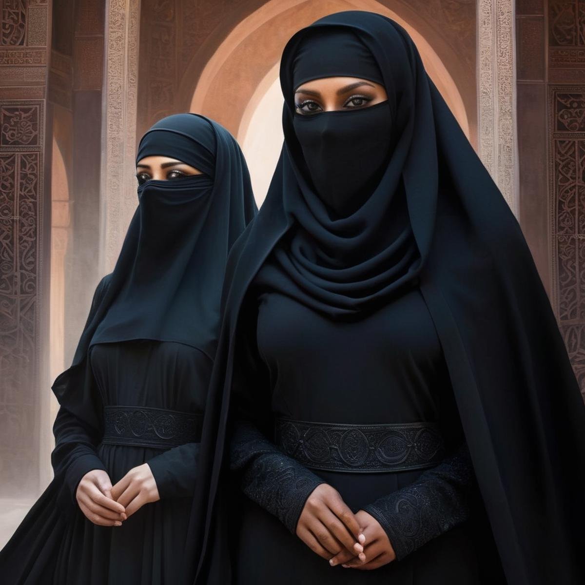 Dark Fantasy Art of  <lora:burqa:1>a woman in a black niqāb and a woman in a black niqāb burqa style, dark, moody, dark fantasy style