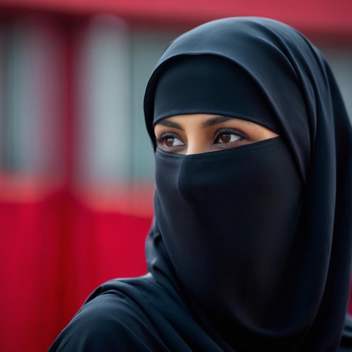 cinematic film still of  <lora:burqa:1>a woman wearing a black niqāb and a red background burqa style, shallow depth of field, vignette, highly detailed, high budget, bokeh, cinemascope, moody, epic, gorgeous, film grain, grainy