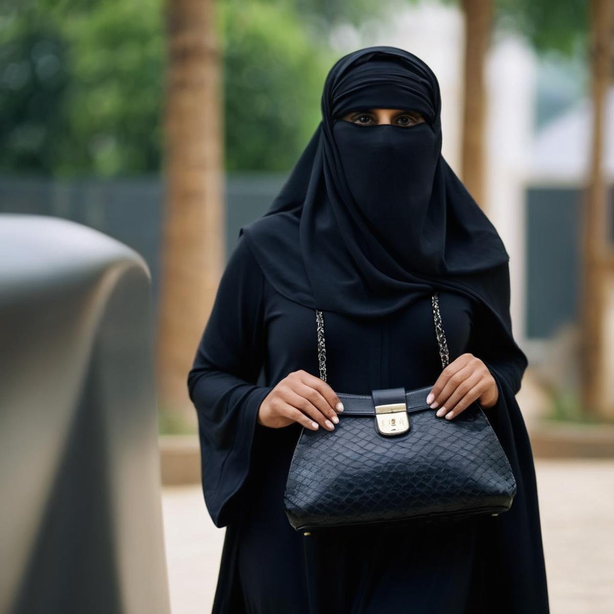 cinematic film still of  <lora:burqa:1>a woman in a black burqa and a purse burqa style, shallow depth of field, vignette, highly detailed, high budget, bokeh, cinemascope, moody, epic, gorgeous, film grain, grainy