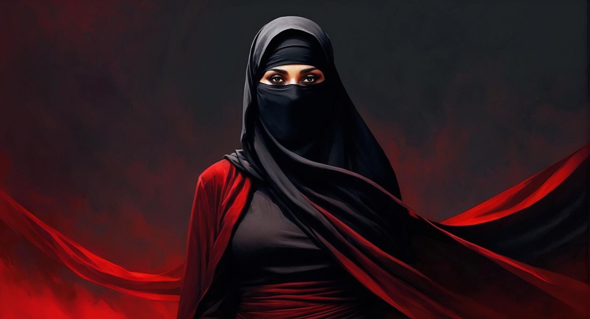 Dark Fantasy Art of  <lora:burqa:1>a woman wearing a black niqāb and a red background burqa style, dark, moody, dark fantasy style